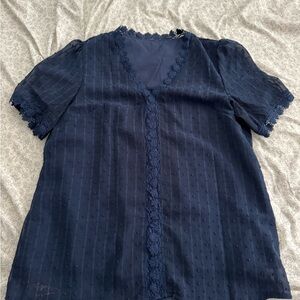 Elegant Navy Blue Lace Trim Women's Top